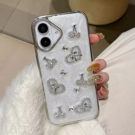 K22695 ビジューハートチェリーストラップ付きiPhoneケース