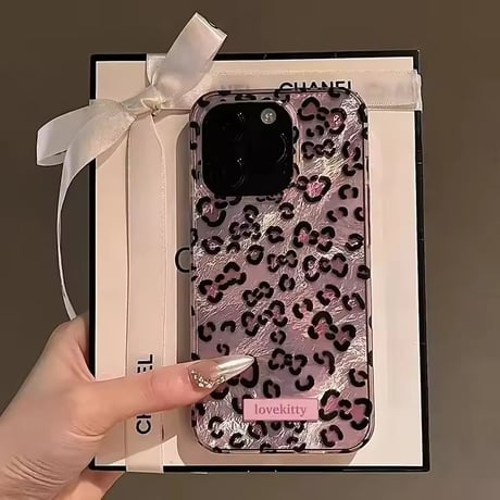 S75374 ピンクレオパードリボンiPhoneケース