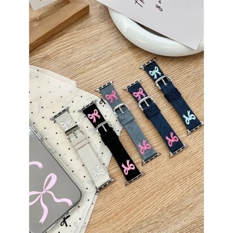 N00151 リボン刺繍デニム Apple Watchバンド