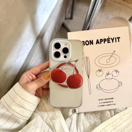 K22796 さくらんぼスタンド付きクリアiPhoneケース