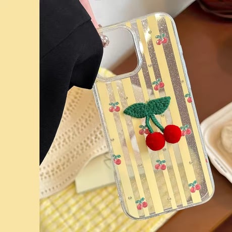 S75149 ぷちチェリー×ストライプ iPhoneケース（ビーズストラップ付き）