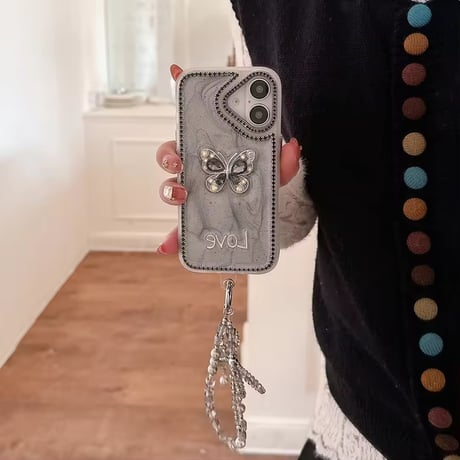 K22755 きらめきバタフライ×ビジューストラップ iPhoneケース