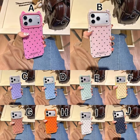 S75275 猫耳ビジューフレームドットiPhoneケース