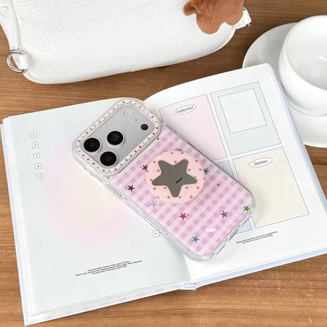 K23083 スターミラーグリップ付きギンガムiPhoneケース