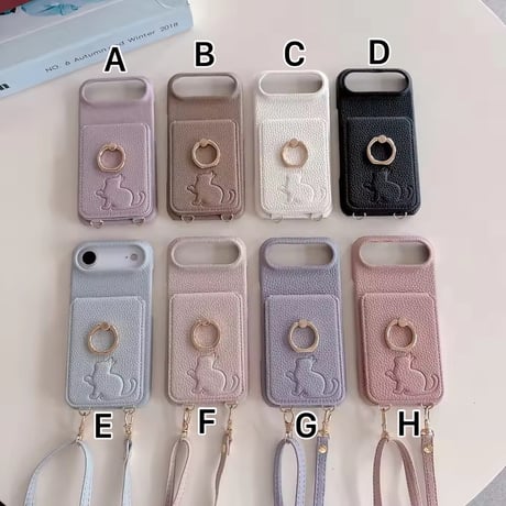 K22961 ねこモチーフ ミラー＆カードポケット付き iPhoneケース（ストラップ付き）