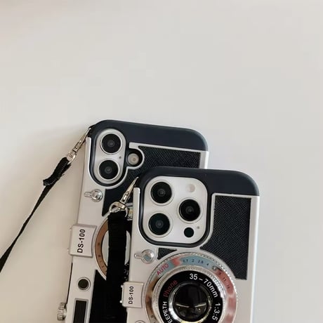 K22609 レトロカメラデザインストラップ付きiPhoneケース