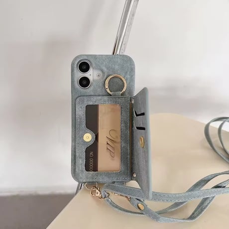 K22812 デニム調ウォレット付きショルダーiPhoneケース