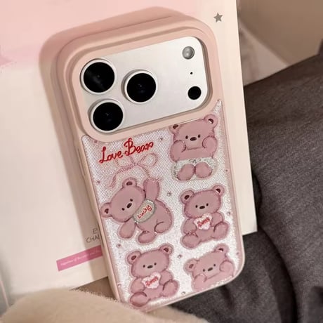 S75204 くまちゃん総柄 ピンクiPhoneケース
