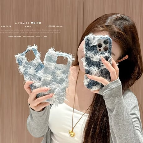 S74195 ダメージデニム風ふわもこ iPhoneケース