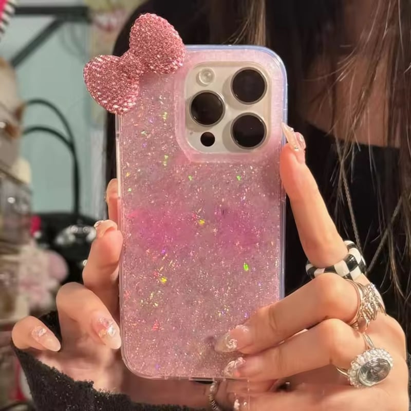 S74888 ピンクビジューリボンのきらめきグリッター iPhoneケース S74888 ピンクビジューリボンのきらめきグリッター iPhoneケース