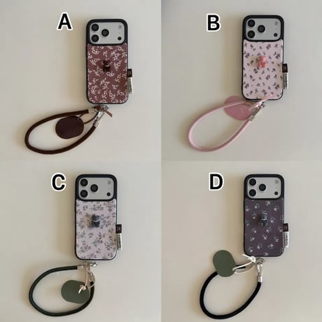 K23047 くすみ小花ベア ストラップ付きiPhoneケース