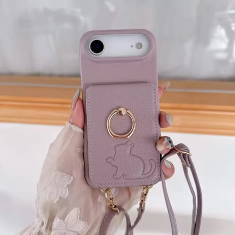 K22961 ねこモチーフ ミラー＆カードポケット付き iPhoneケース（ストラップ付き）