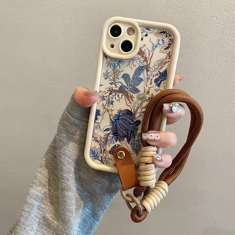 K22928 ブルーボタニカル柄 ストラップ付き iPhoneケース