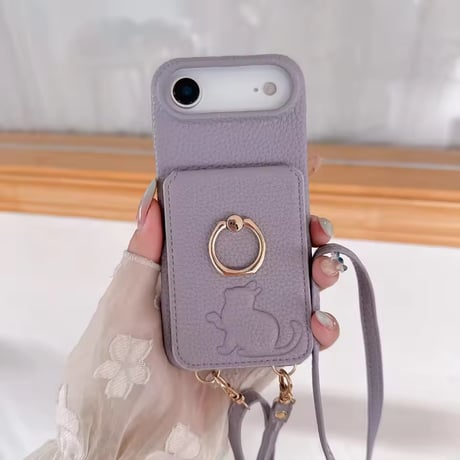 K22961 ねこモチーフ ミラー＆カードポケット付き iPhoneケース（ストラップ付き）