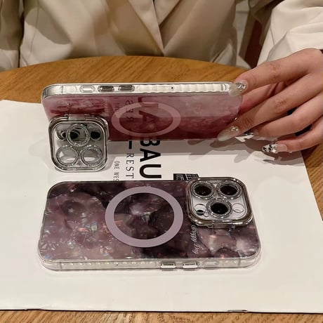 K22795 パールマーブルのカメラフレームスタンド付きMagSafe対応iPhoneケース