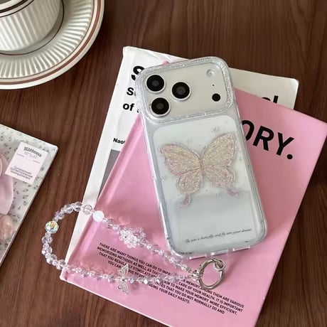L62445 きらめきバタフライストラップ付きクリアiPhoneケース
