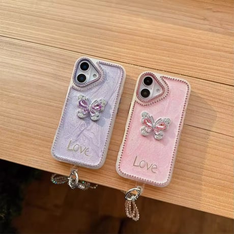 K22755 きらめきバタフライ×ビジューストラップ iPhoneケース