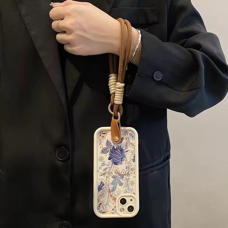 K22928 ブルーボタニカル柄 ストラップ付き iPhoneケース