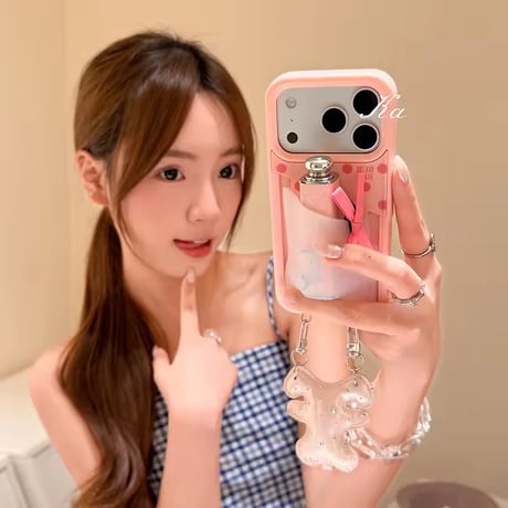 K23179 カスタムカラードットポケットiPhoneケース＆ベアチャームストラップセット
