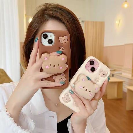 K22684 もこもこくまフェイス iPhoneケース（スタンド機能付き）