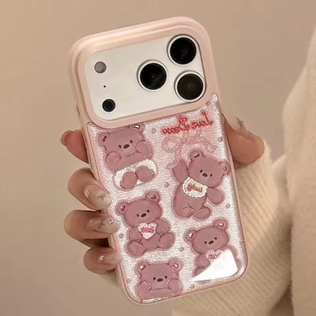 S75204 くまちゃん総柄 ピンクiPhoneケース