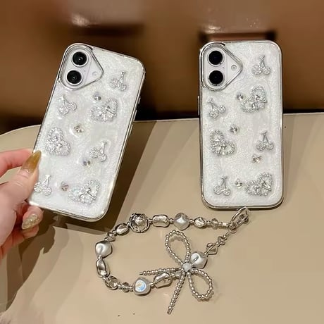 K22695 ビジューハートチェリーストラップ付きiPhoneケース
