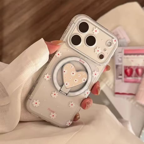 K23081 フラワーハートMagSafeグリップ付きクリアiPhoneケース