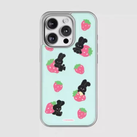 S75230 いちご×うさぎ柄 クリアiPhoneケース（ストラップ付きあり）