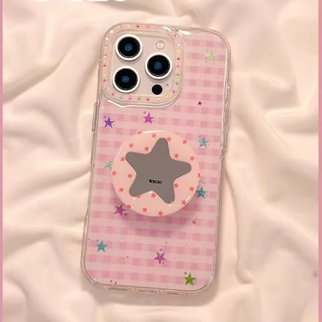 K23083 スターミラーグリップ付きギンガムiPhoneケース