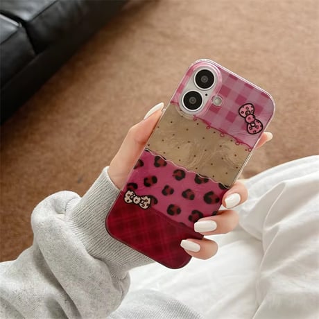 S75441 リボンミックスパターンピンクiPhoneケース