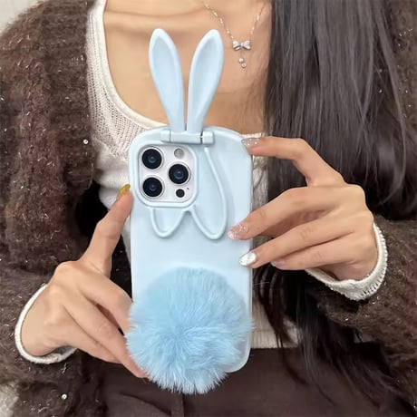 S75463うさみみファーポンポンiPhoneケース