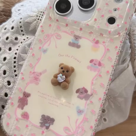 S75371 くまちゃん付き 小花リボンiPhoneケース