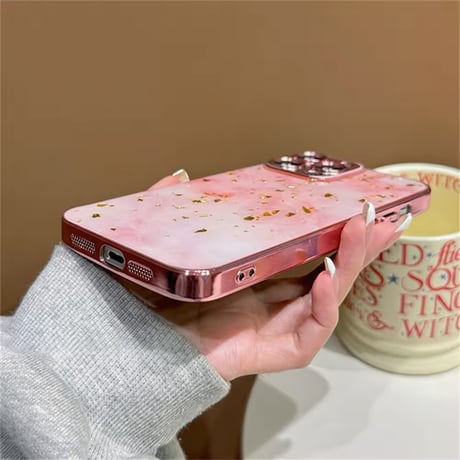 S74310 ピンクマーブル×金箔グリッターケース