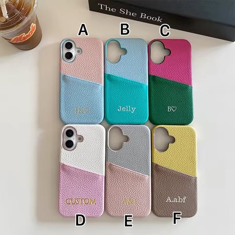 K22768 カスタムイニシャル入りバイカラーポケットiPhoneケース