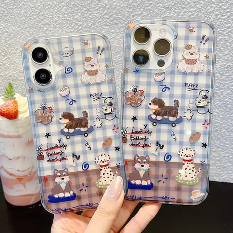 S75157 ゆるっとワンちゃんのチェッククリア iPhoneケース
