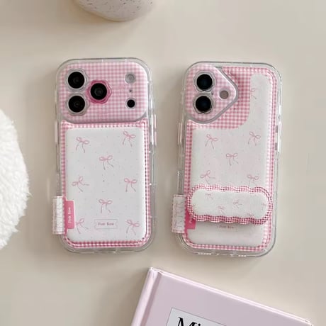 K23123 ピンクリボンチェック スタンドiPhoneケース
