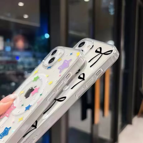 L62196 きらきらスター＆リボン柄MagSafe対応iPhoneケース