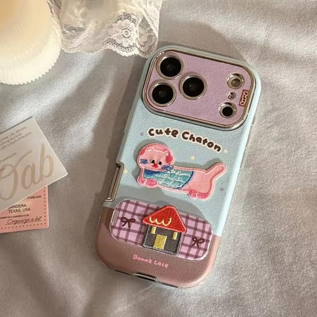 K23051 キャラクター刺繍風スタンド付きiPhoneケース