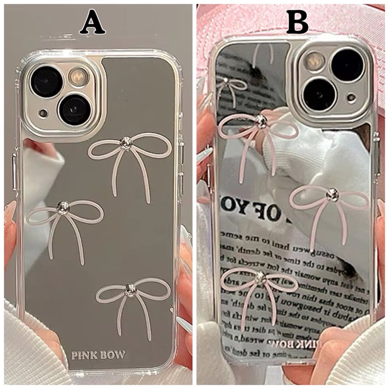 K22528 Pink Bow Mirror iPhoneケース | nanomita