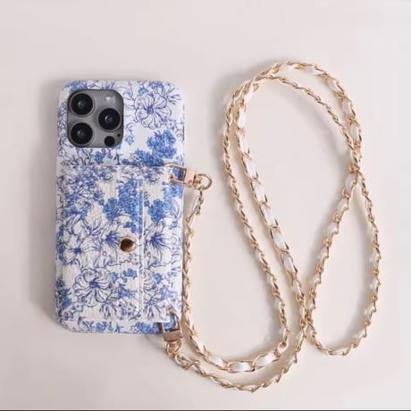 K22905 ブルーフラワーショルダーウォレット iPhoneケース