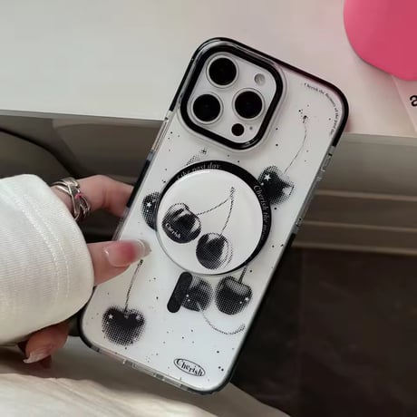 K22909 モノクロチェリー MagSafe対応クリアケース（スタンドソケット付き）