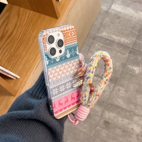 K22655 ストラップ付きノルディックニット風 iPhoneケース
