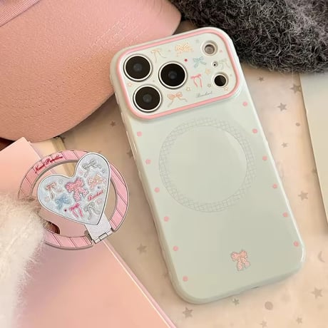 K23080 リボンハート MagSafeグリップ付きガーリーiPhoneケース