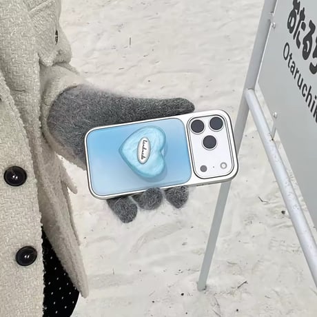 K22981 ハートグリップのくすみブルー iPhoneケース