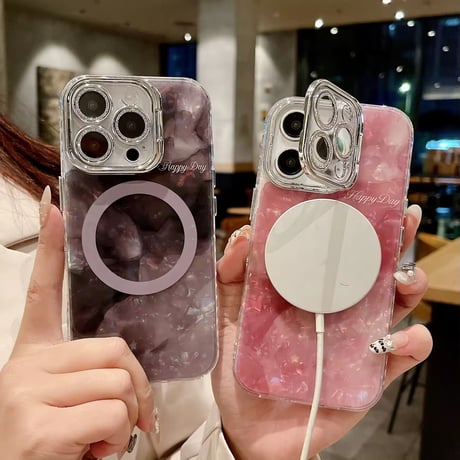 K22795 パールマーブルのカメラフレームスタンド付きMagSafe対応iPhoneケース