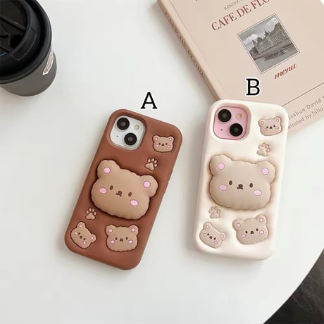 K22684 もこもこくまフェイス iPhoneケース（スタンド機能付き）