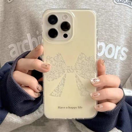 S74589 レースリボンのホワイトiPhoneケース
