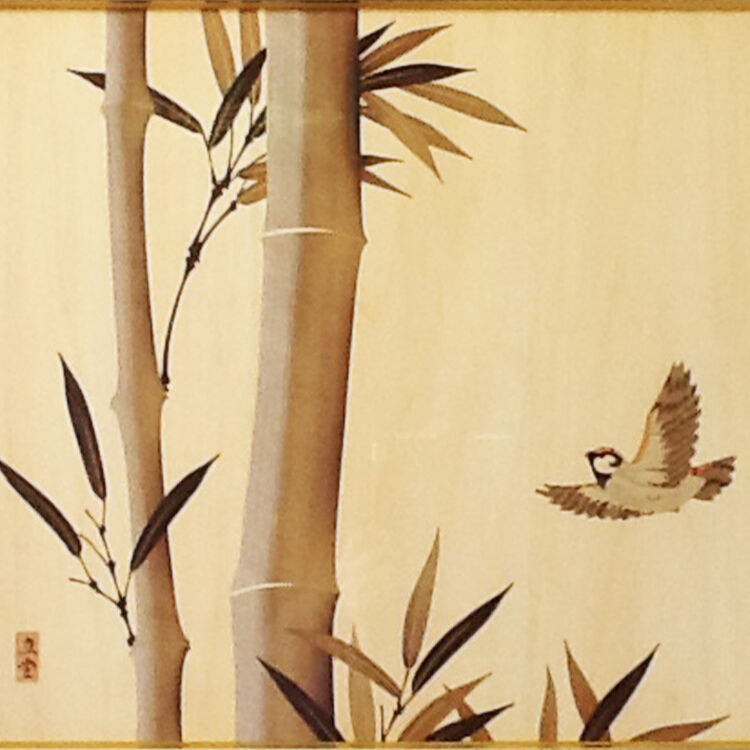 朴木立堂 作 竹図 額装 日本画 木製額 約38×30cm 和風インテリア original