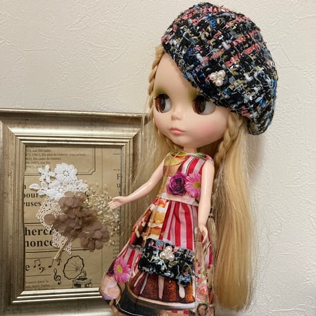 くろねこ呉服店『ブライス アイシードール ツイード素材のベレー帽とチェーンバック』