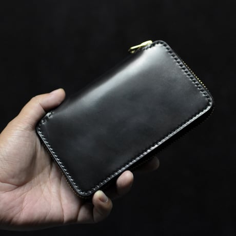 ブラック☆MiddleLeatherWalletミドルウォレット✮フラップ全縫い